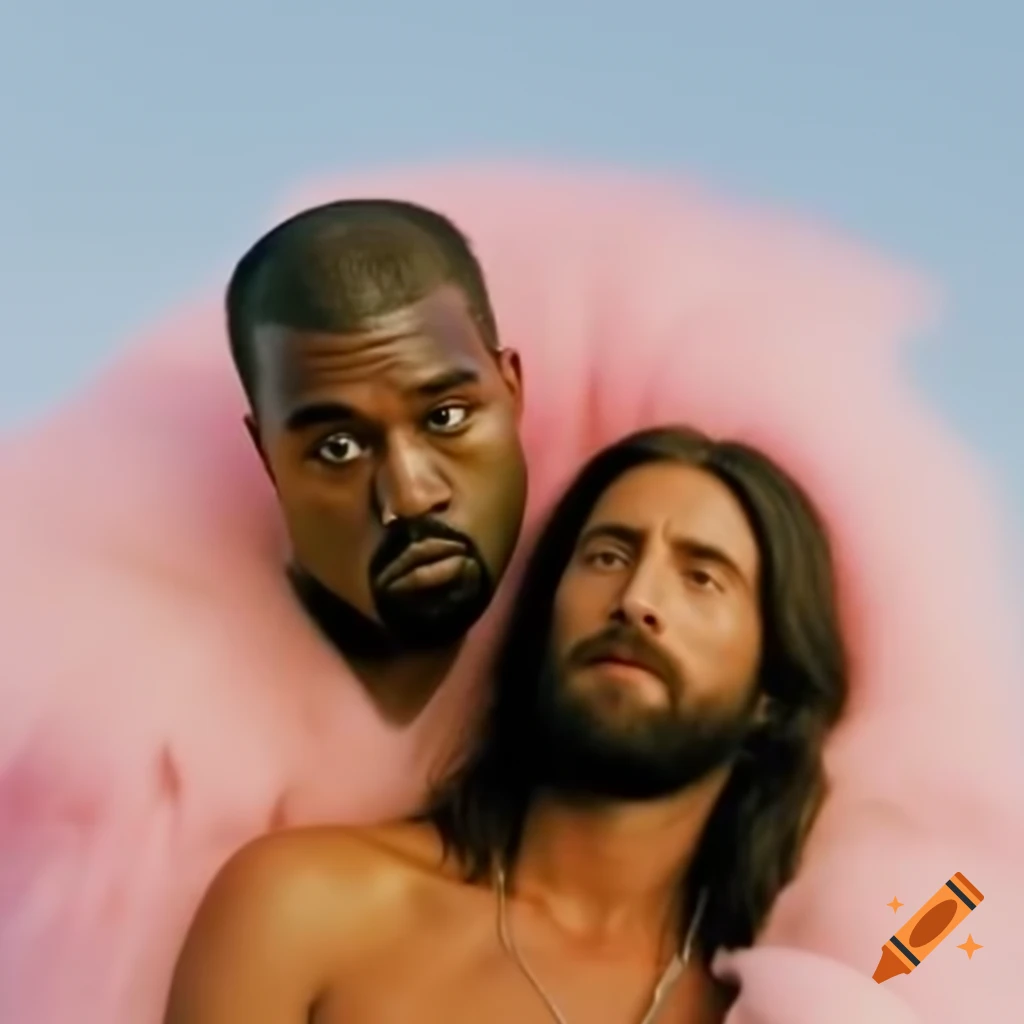 Kanye West and Jesus Christ in a pastel colored wonderland, photorealistic artwork