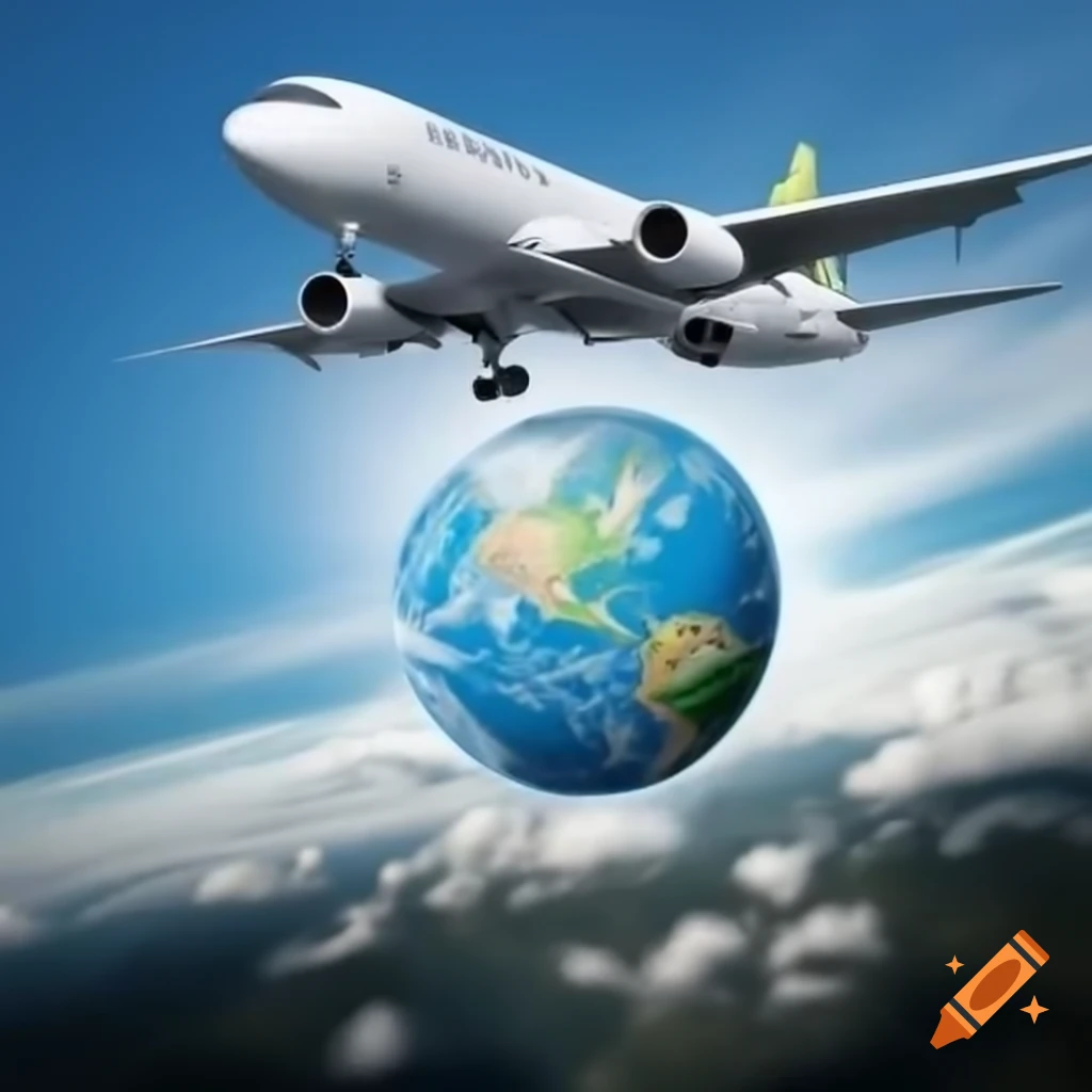Globe on bottom left with airplane in flight on top right