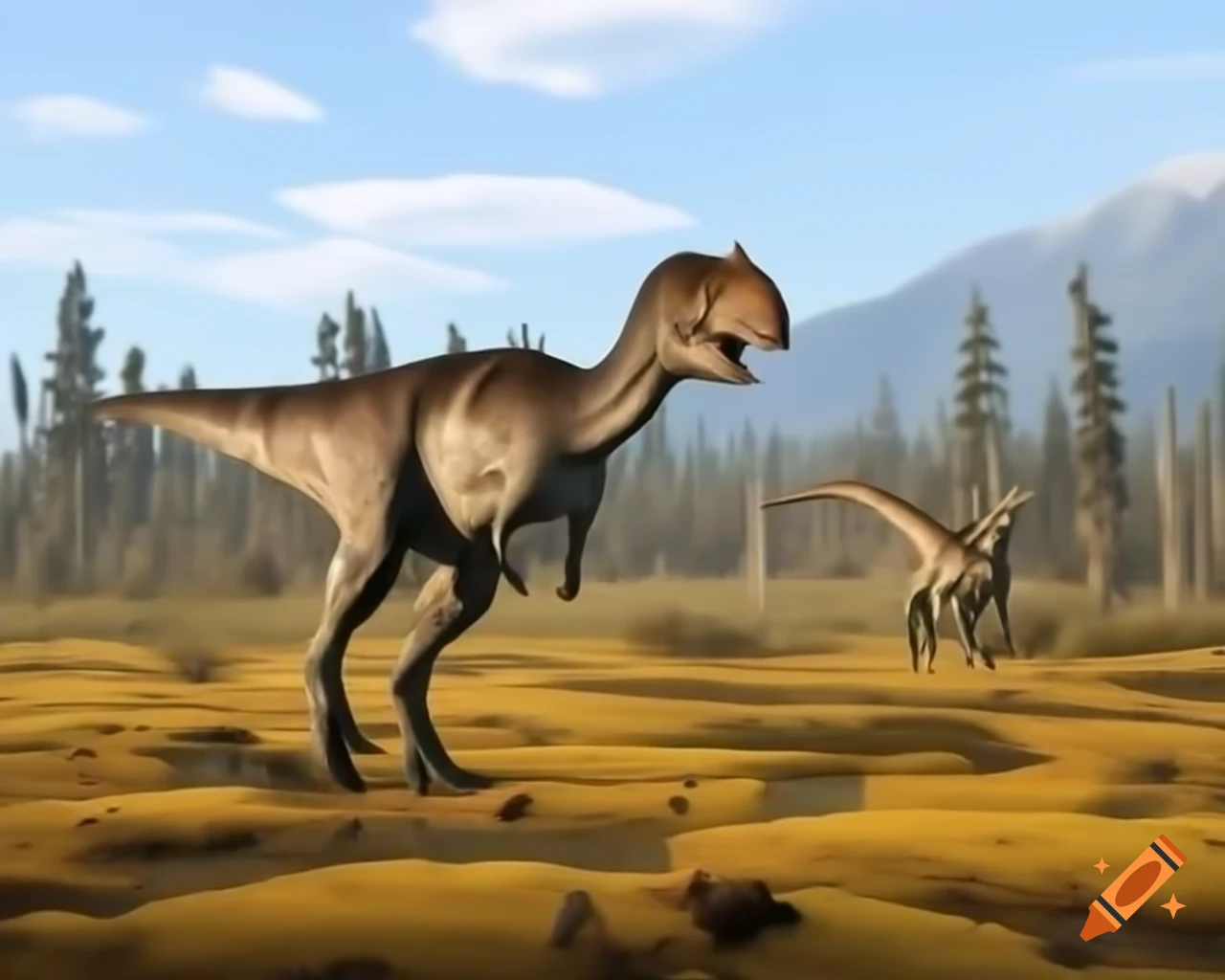 Herd of Hadrosaurus crossing sunny terrain with vegetation in British Columbia
