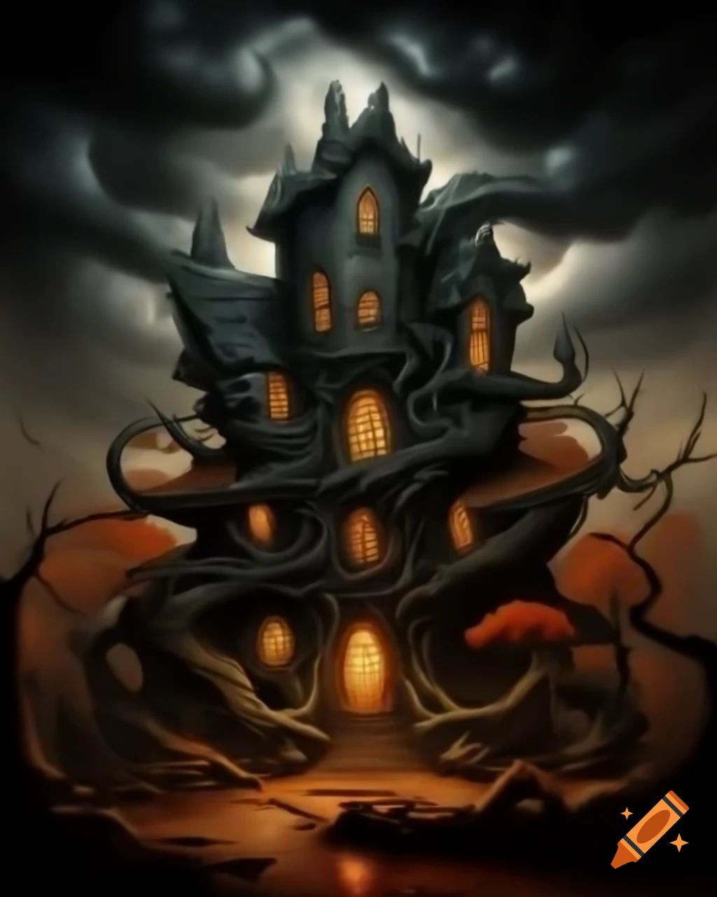 Surreal baroque fantasy art of towering autumn tree house with eye in clouds