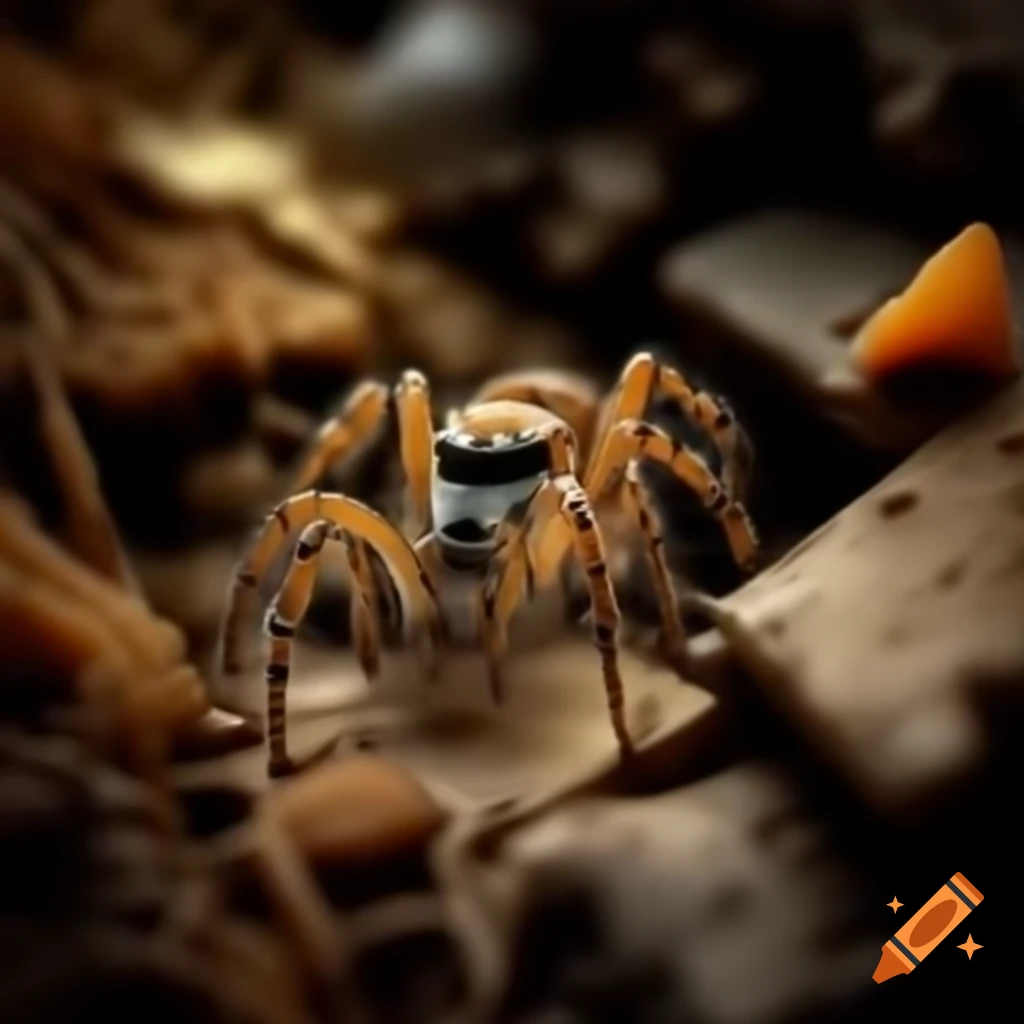 Small spider crawling on stone slabs in a dungeon