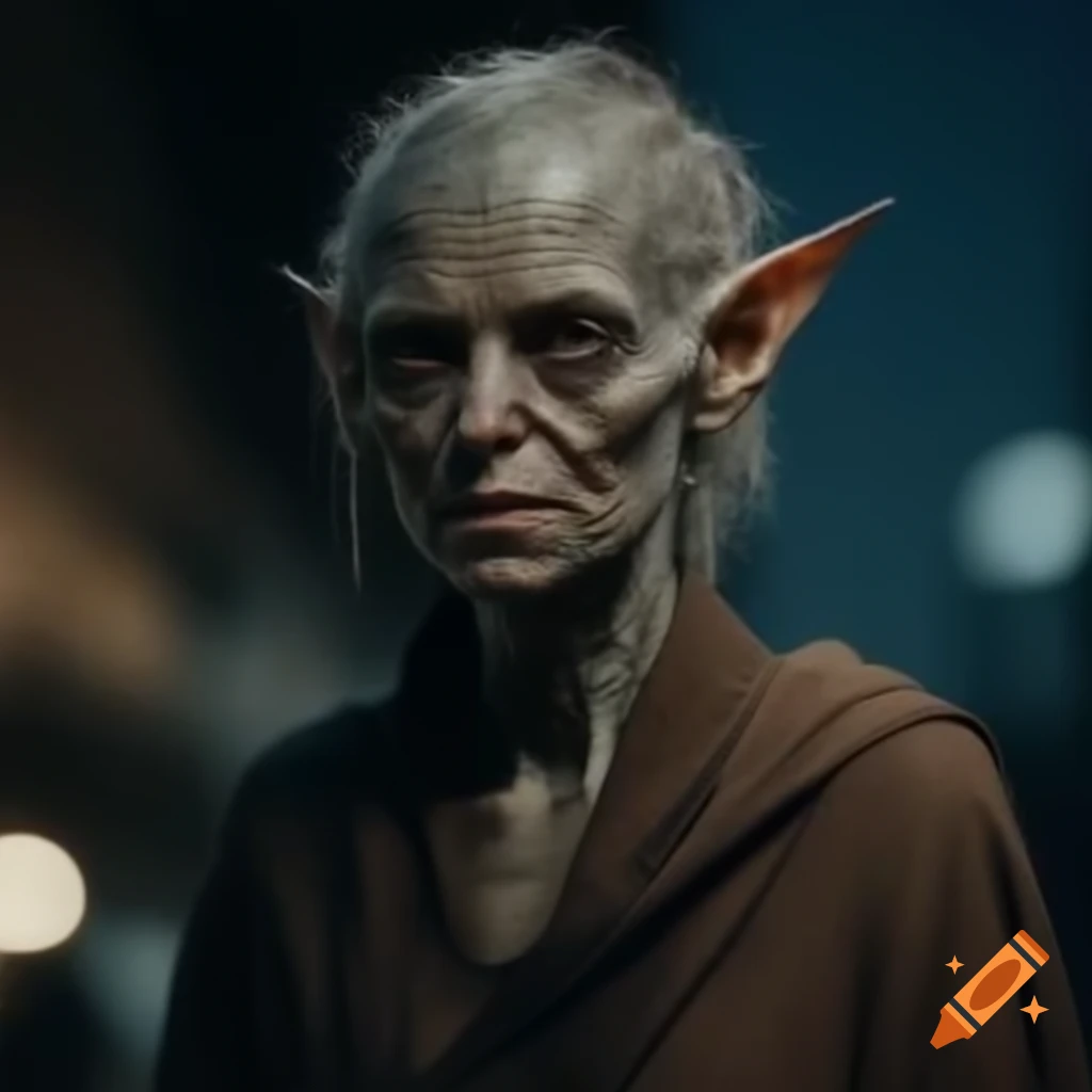 Nosferatu woman with gray skin and balding hair in dirty robe at night in San Francisco