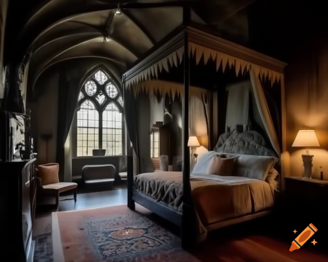 Gothic-style canopy bed with intricate designs