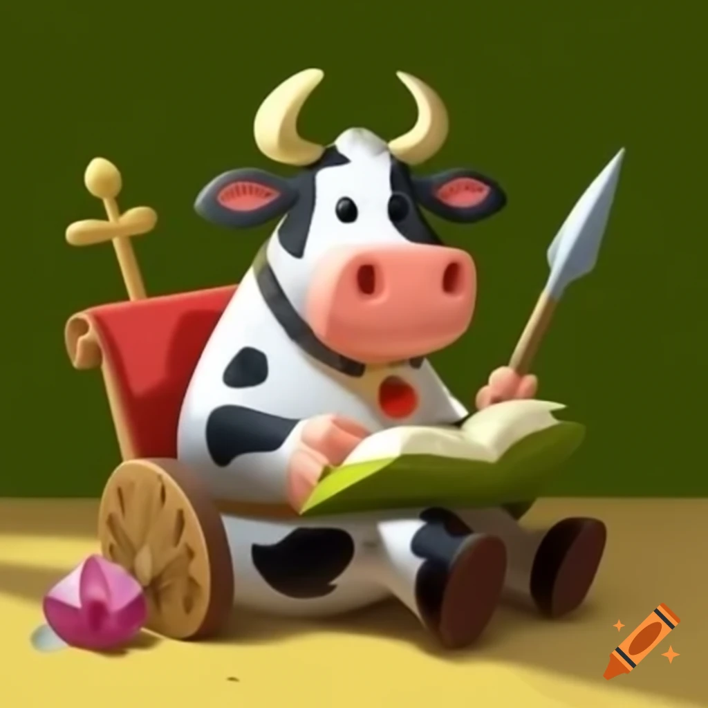 Cartoon cow reading wheel of time book beside spear and ruby handled