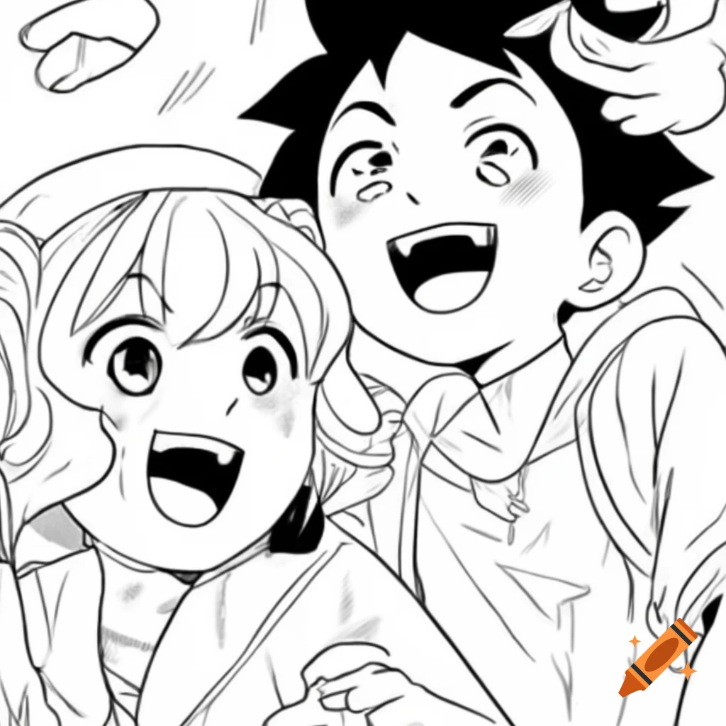 Colorful anime characters drawing in black and white for children