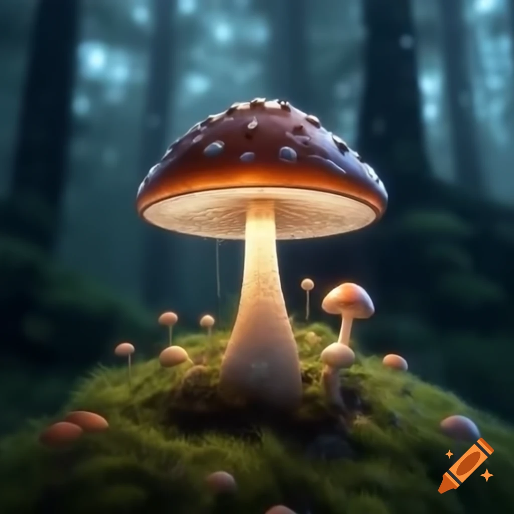 Glowing mushroom in misty whimsical forest, hyper-realistic style