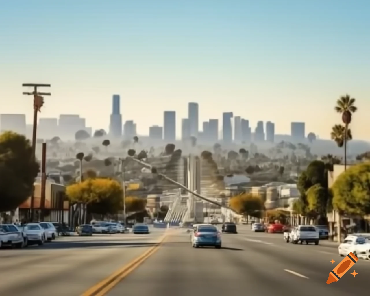 Detailed realistic view of Los Angeles skyline featuring U.S. Bank Tower and Wilshire