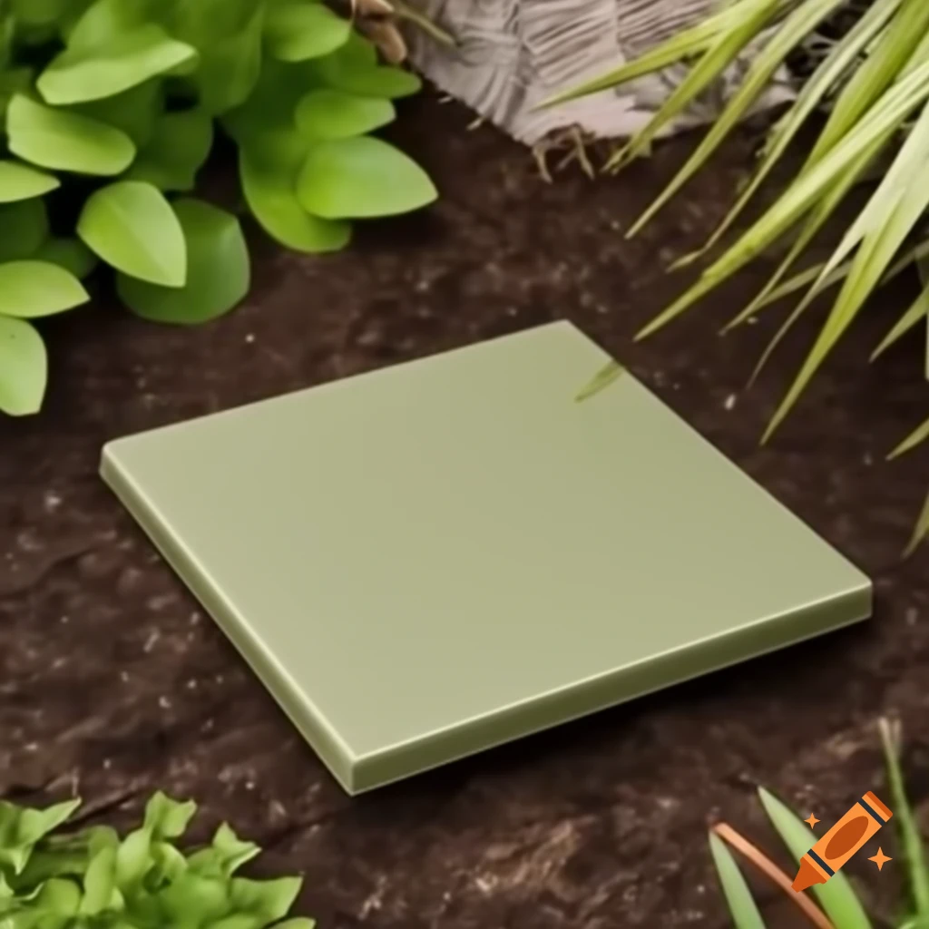 Olive color ceramic tile floating in air in a garden setting