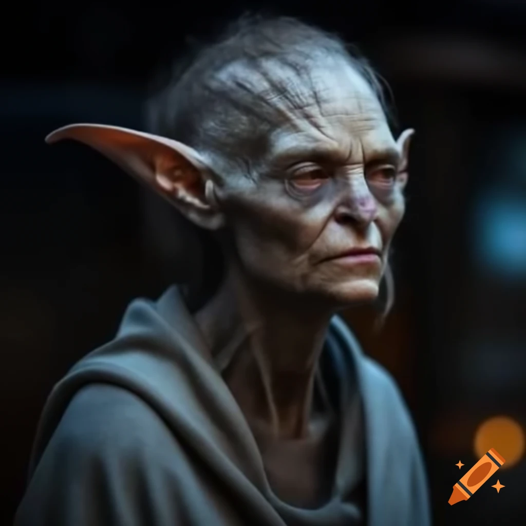Pointy-eared Nosferatu woman in dirty robe at night in San Francisco