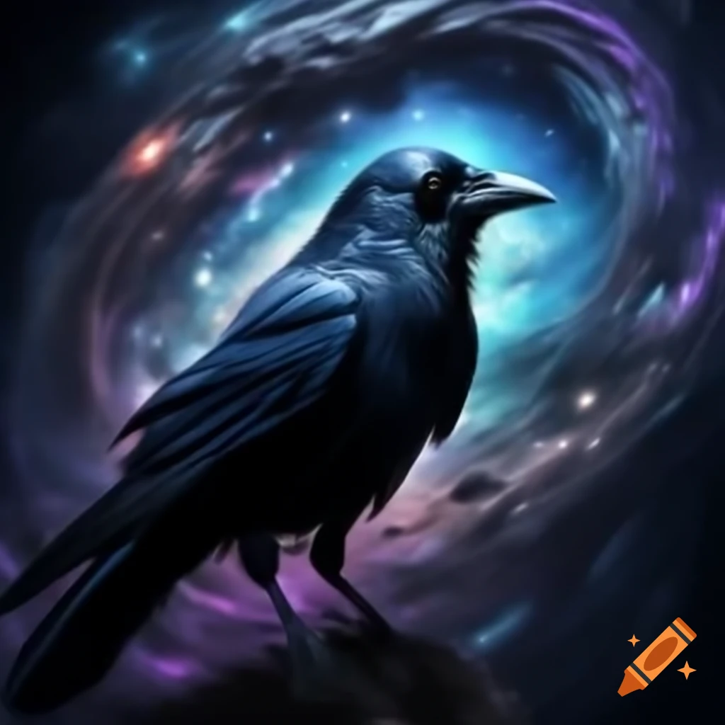 Crow in front of a stunning spiral galaxy