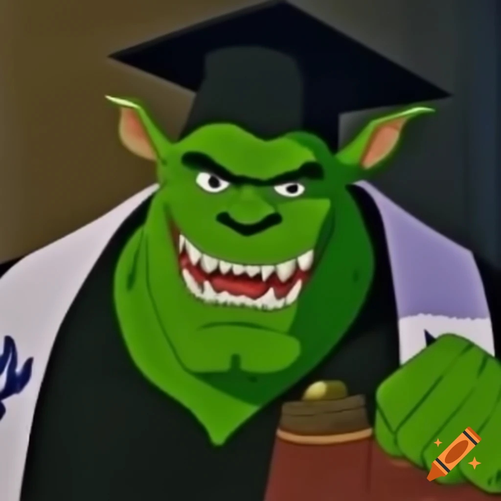 Smirking green orc professor in university mantle and cap holding scrolls, 80-90's anime style
