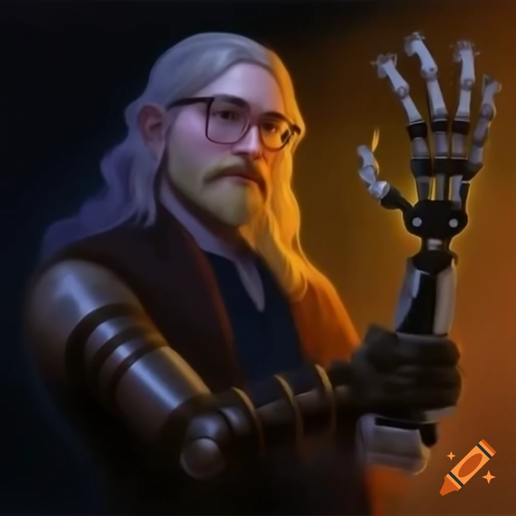 Steampunk man with prosthetic arm in manga style, wearing glasses and a beard