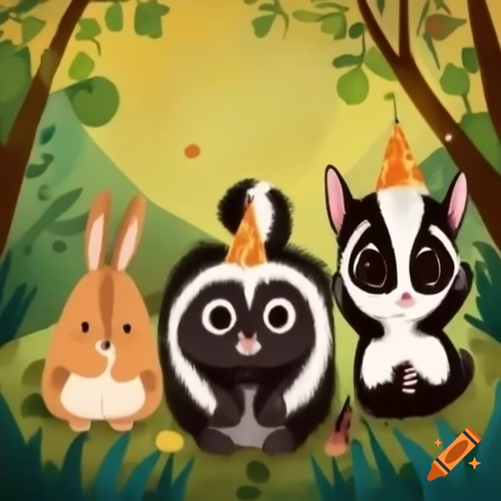 Three animals celebrating birthday: rabbit, skunk, slow loris
