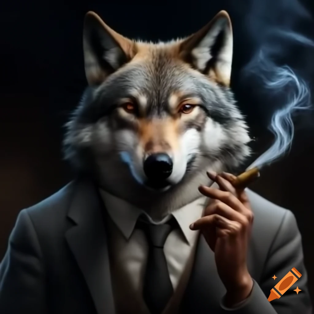 Wolf man character smoking cigar