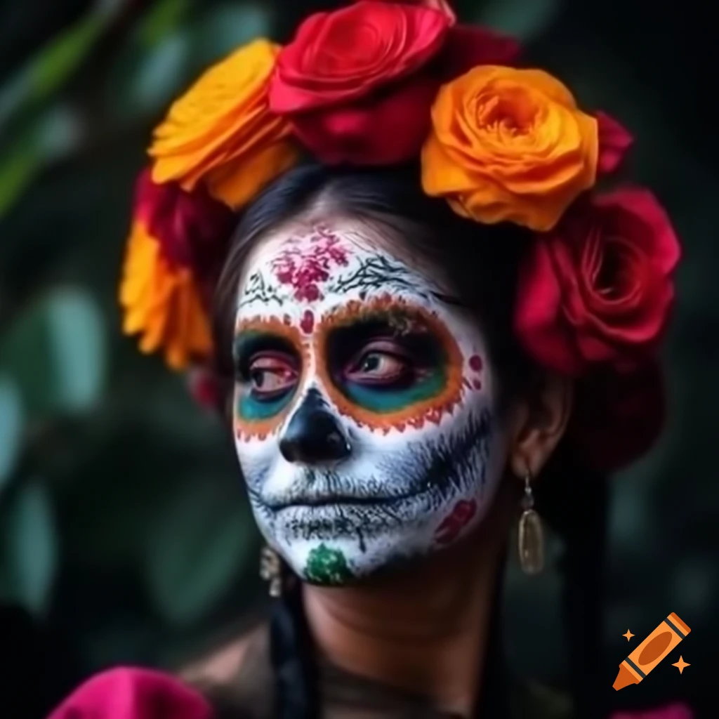 Traditional Mexican face paint portrait resembling Día de los Muertos sugar skull