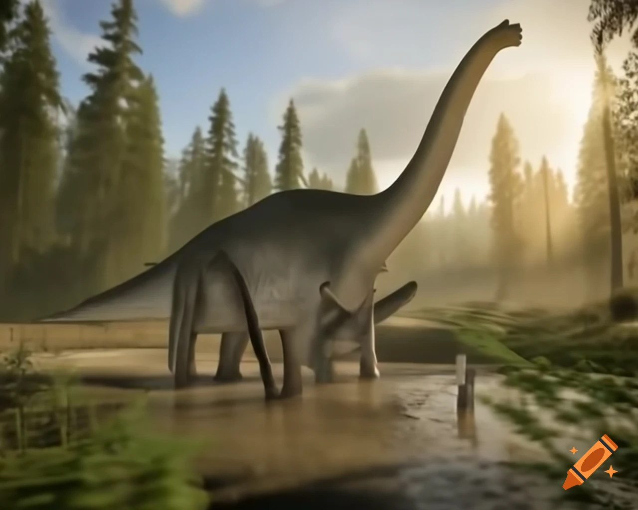 Three light grey Diplodocus walking along muddy bank of lake with driftwood and ferns at sunset