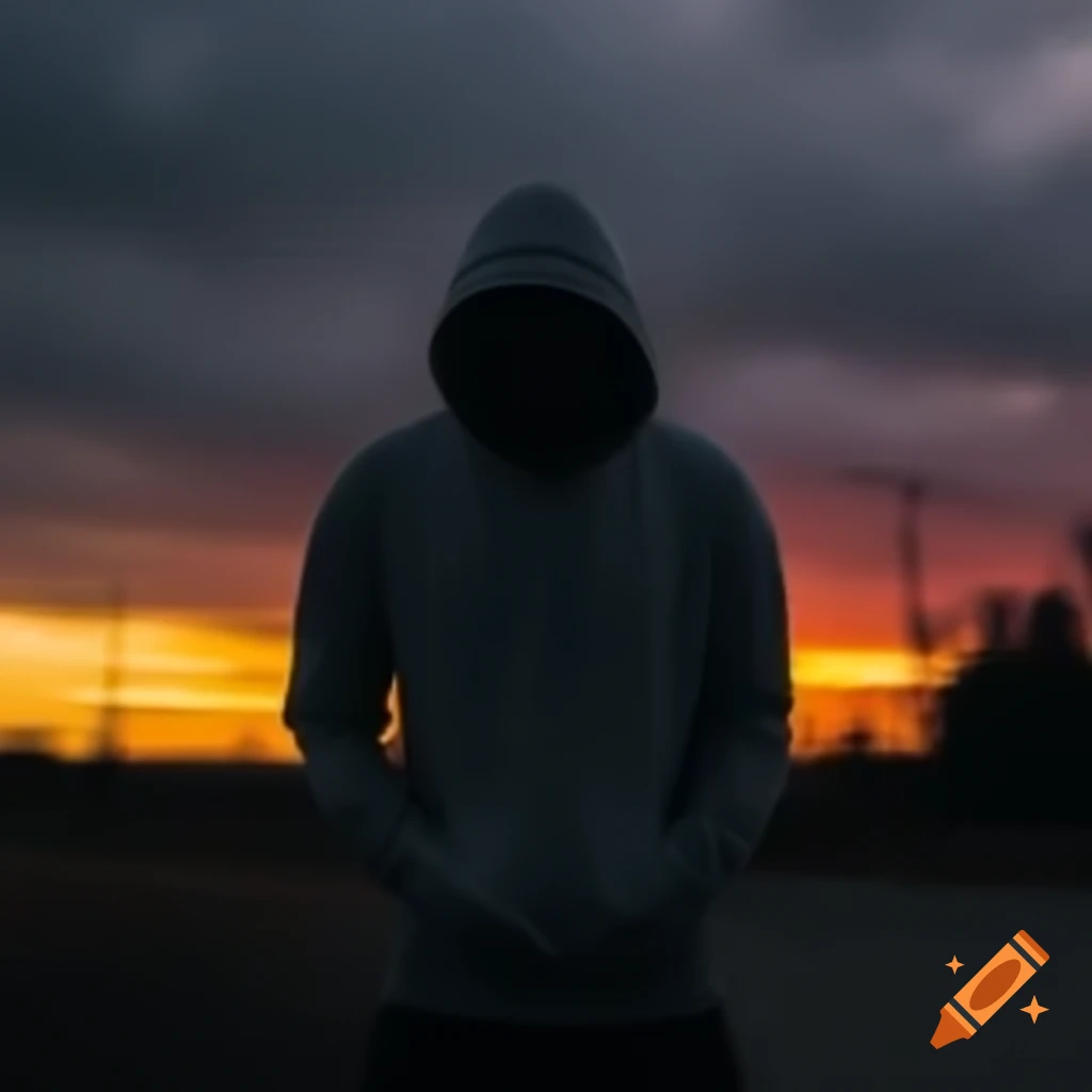Lonely person in dark gray hoodie during sunset