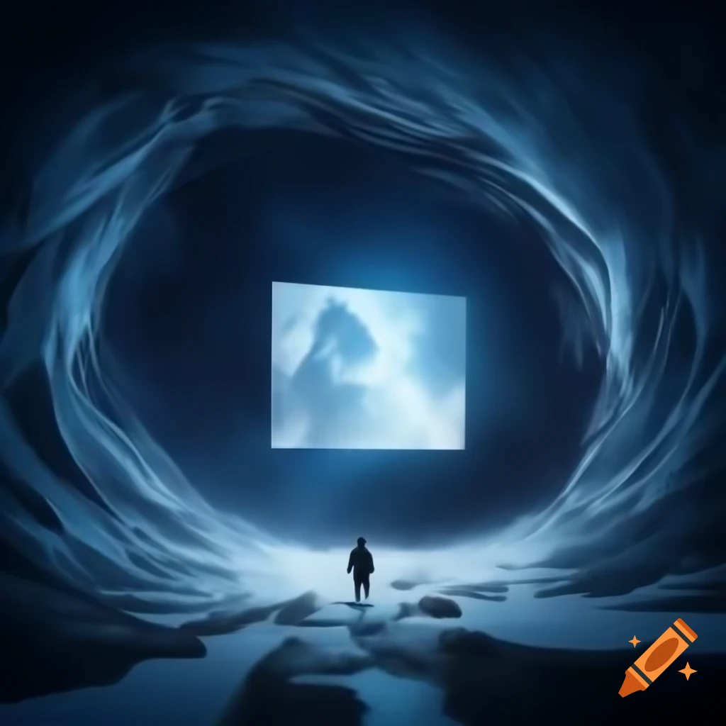 Swirling tunnel of time leading to a massive rectangular doorway
