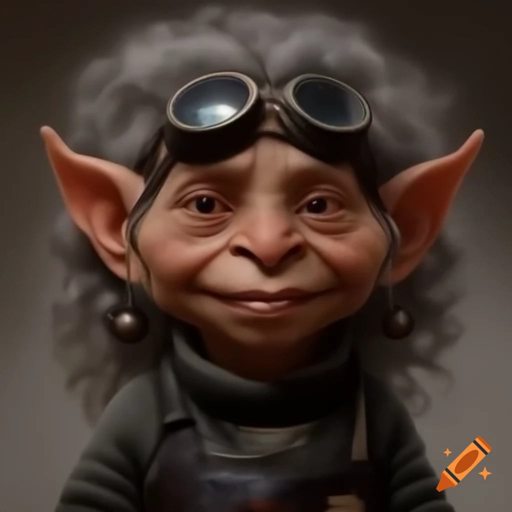 Smiling gnome woman with gray hair and inventor goggles, wearing a tunic and leather apron