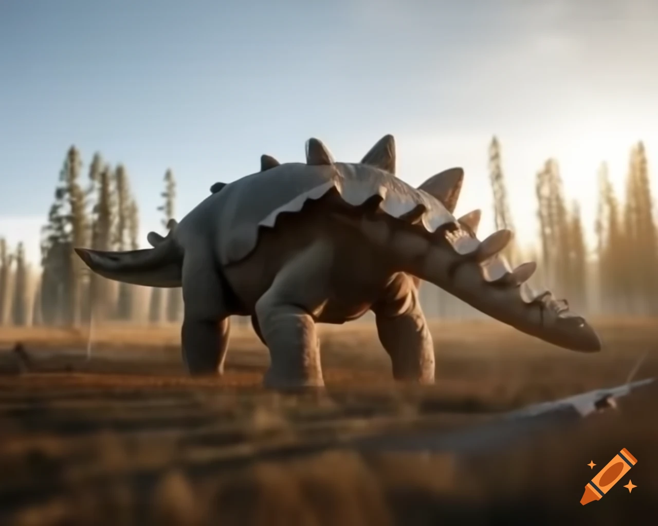 Ankylosaurus observing Diplodocus in sunny British Columbia scrubland during golden hour
