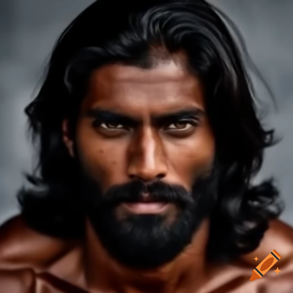 Close-up portrait of muscular South-Asian man with long wavy hair