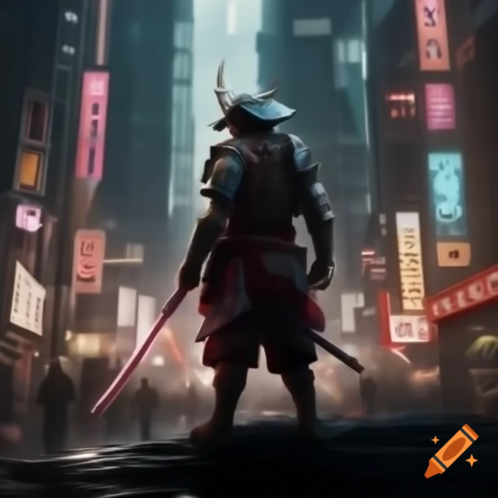 Samurai in futuristic armor with glowing katana overlooking neon-lit metropolis