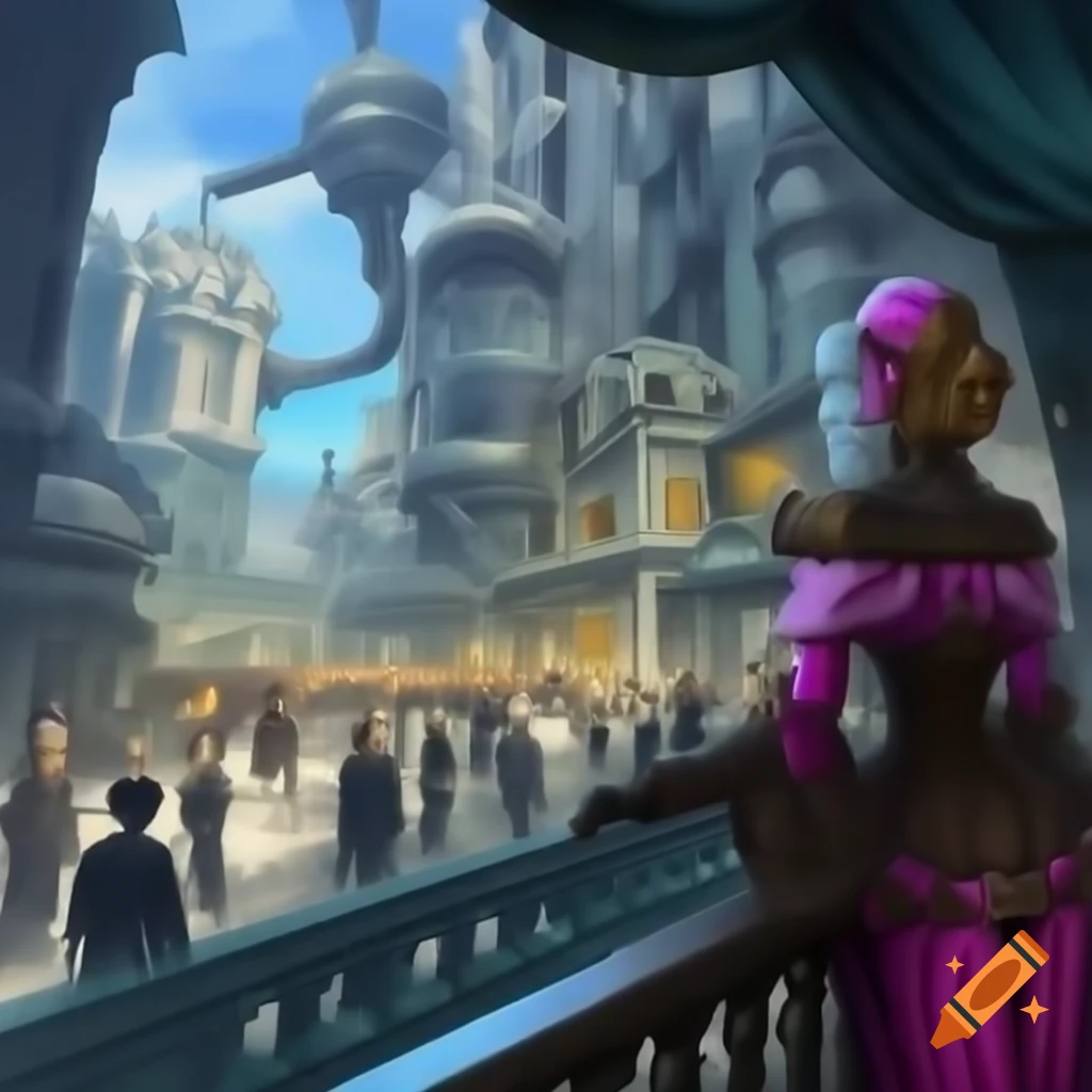 Steampunk metropolis with Victorian architecture and brass structures