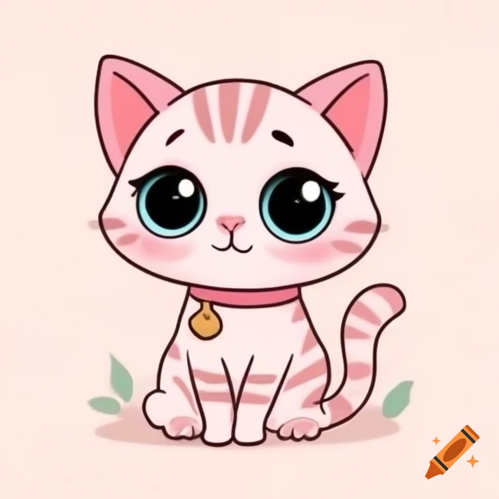 Adorable pastel pink cartoon cat with collar and sparkling eyes