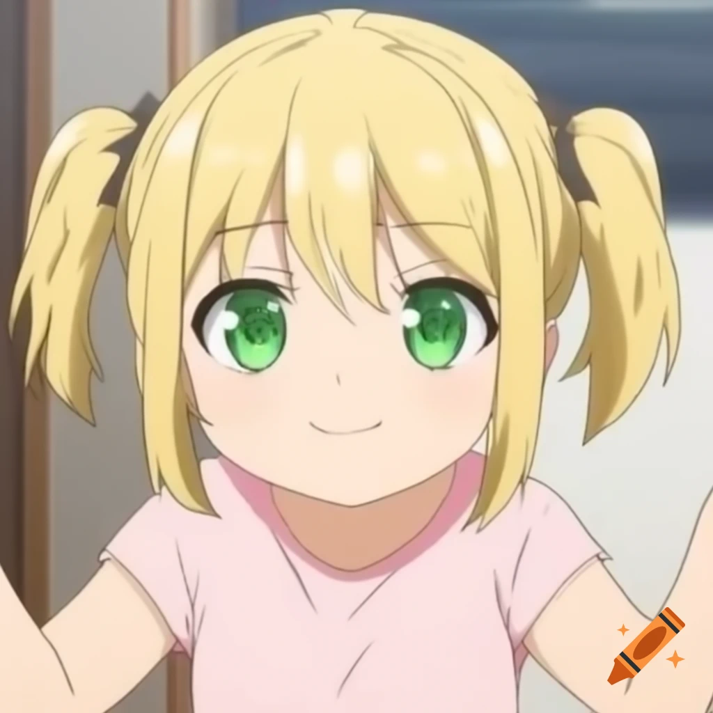 Anime girl with blonde hair and green eyes in pink t-shirt with arms crossed