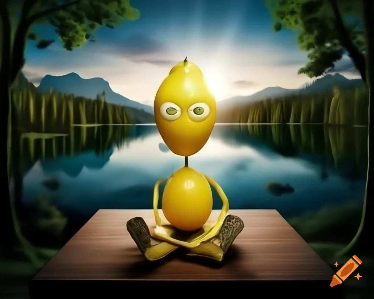 Surreal lemon monster sculpture with human features in forest setting