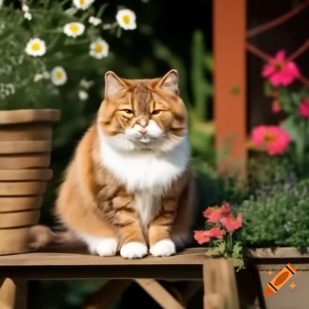 Brown and white cat sitting on garden bench surrounded by flowers