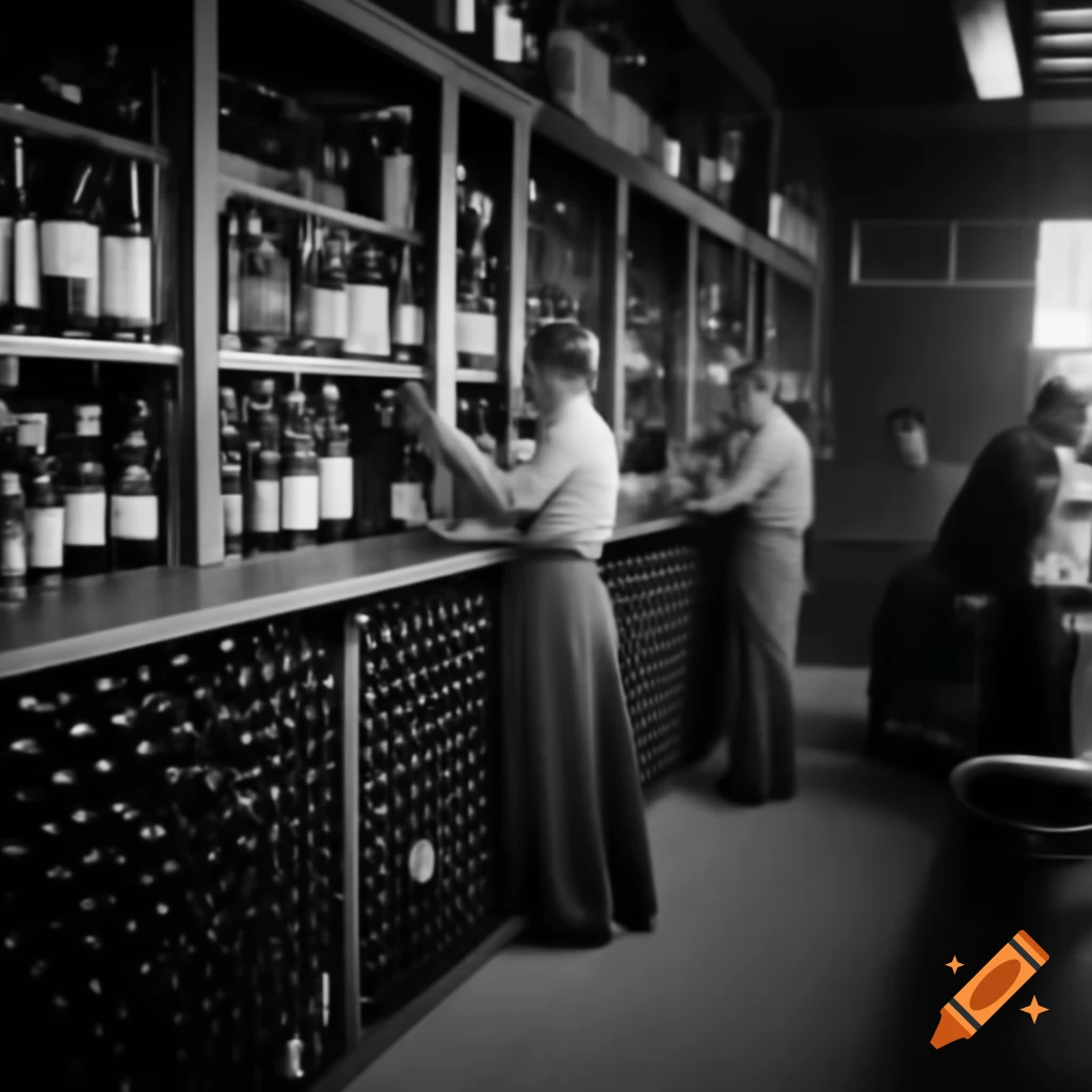 Vintage photo of liquor store with wine shelves and customers