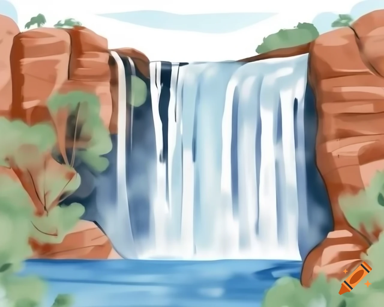 Australian waterfall in natural watercolor style inspired by Albert Namatjira