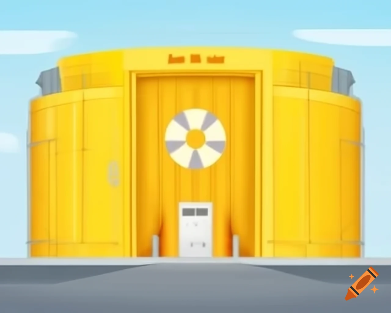 Yellow door of nuclear bunker with nuclear logo, viewed from outside