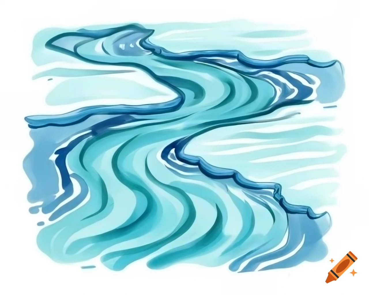 Watercolor rippling river in aqua blue and teal on plain background