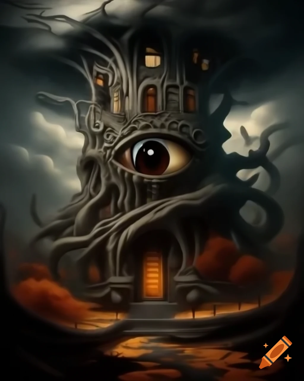 Surreal baroque fantasy illustration of towering autumn tree house with eye in clouds