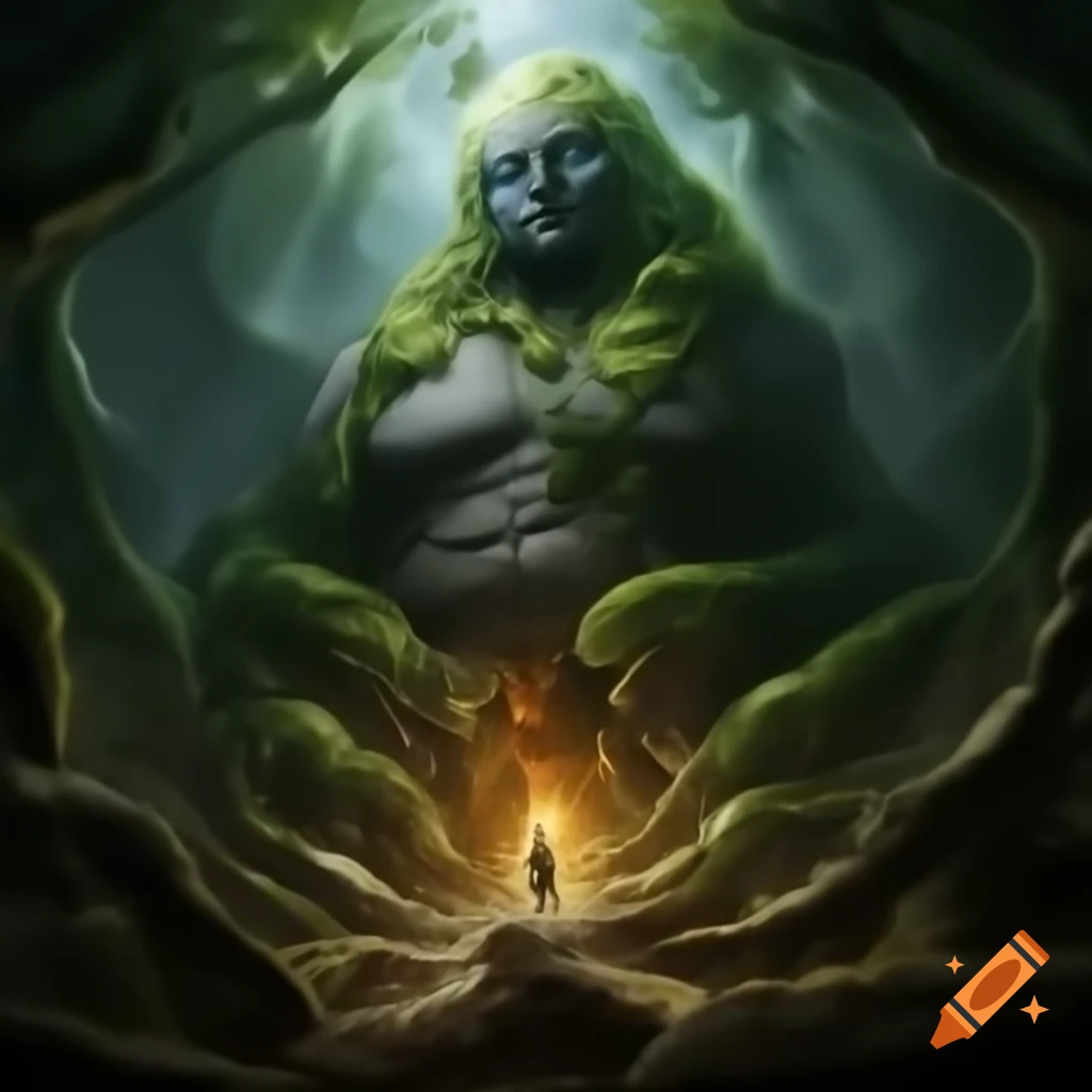 Colossal stone figure emerging from earth, moss, and roots with glowing eyes