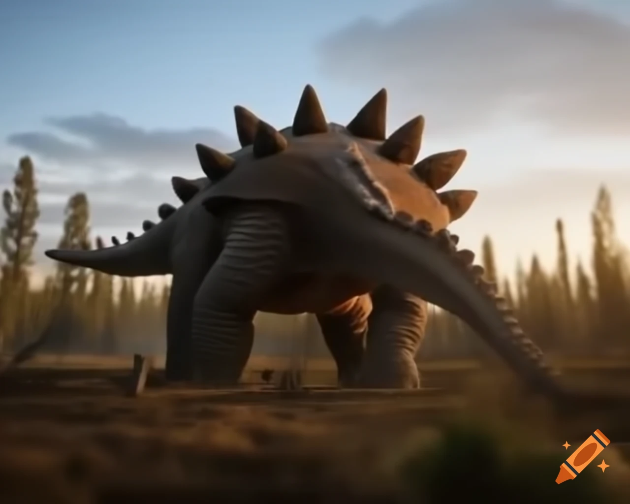Ankylosaurus observing Diplodocus in sunny British Columbia scrubland during golden hour