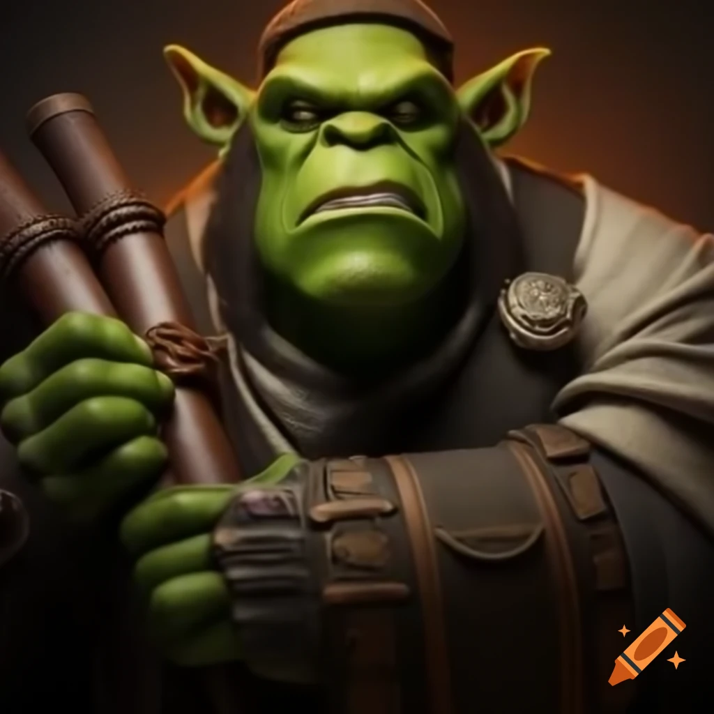 Cartoon of green orc professor in university mantle and cap holding scrolls