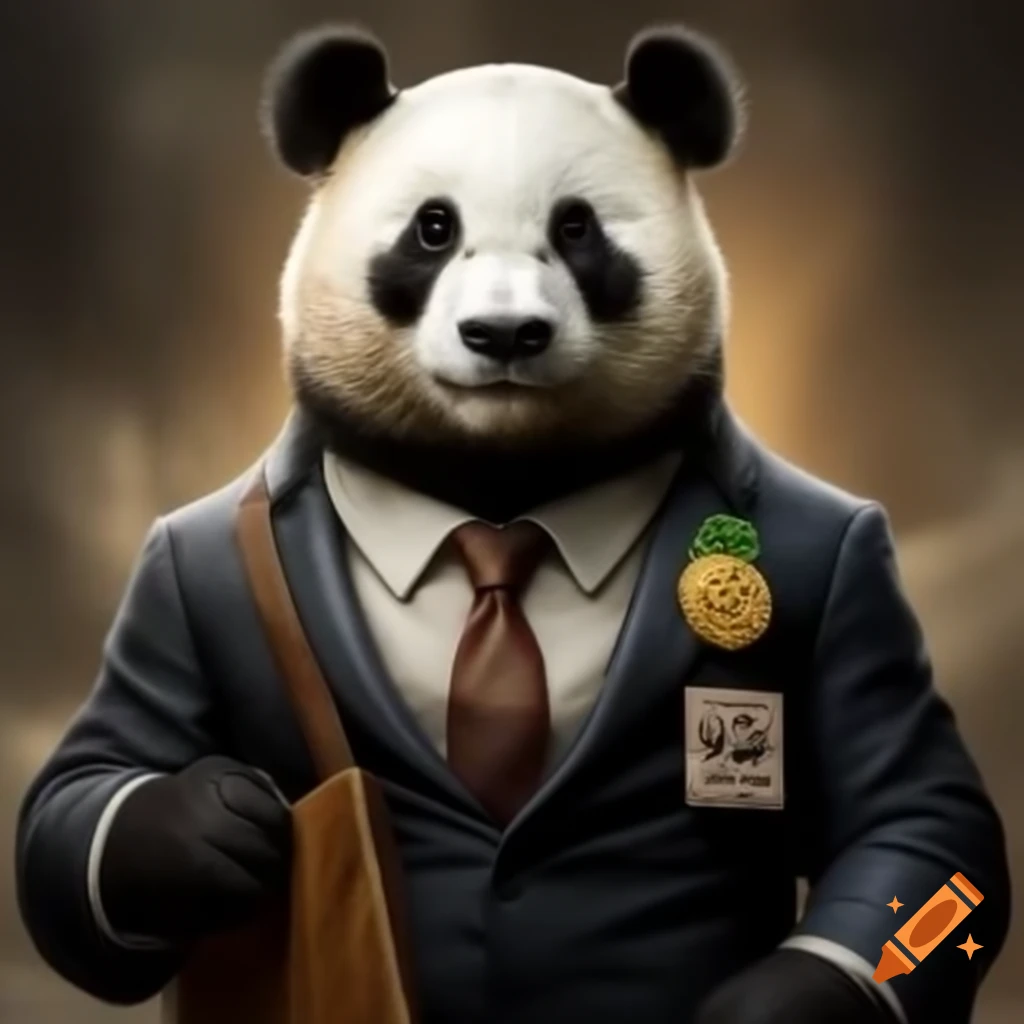 Panda in suit and tie holding sign with 'liketo', featuring gold logo