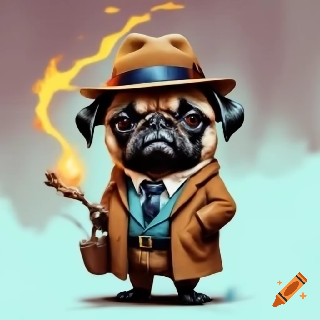 Angry pug detective using sorcery in American comic book art style