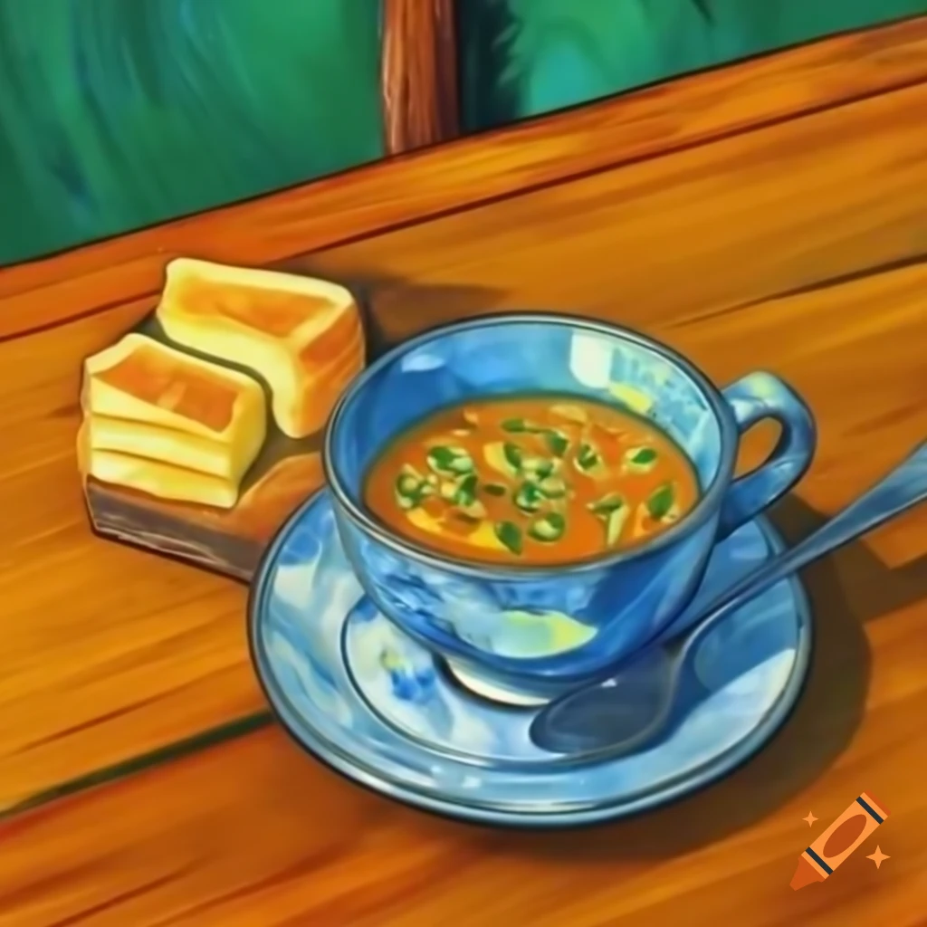 Bowl of soup, coffee mug, and grilled cheese in Van Gogh style