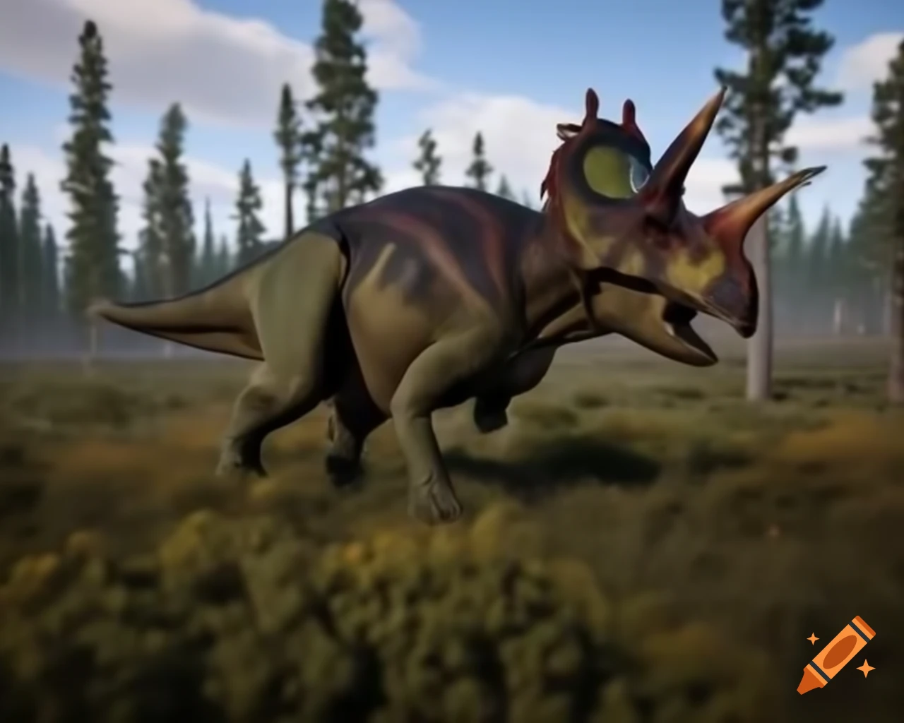 Protoceratops in rugged terrain with bushes and dead trees in British Columbia