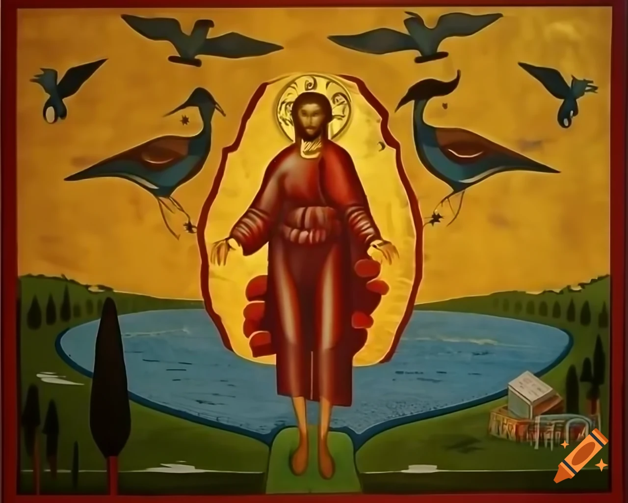 Byzantine icon painting of Jesus with birds and water, mosaic style
