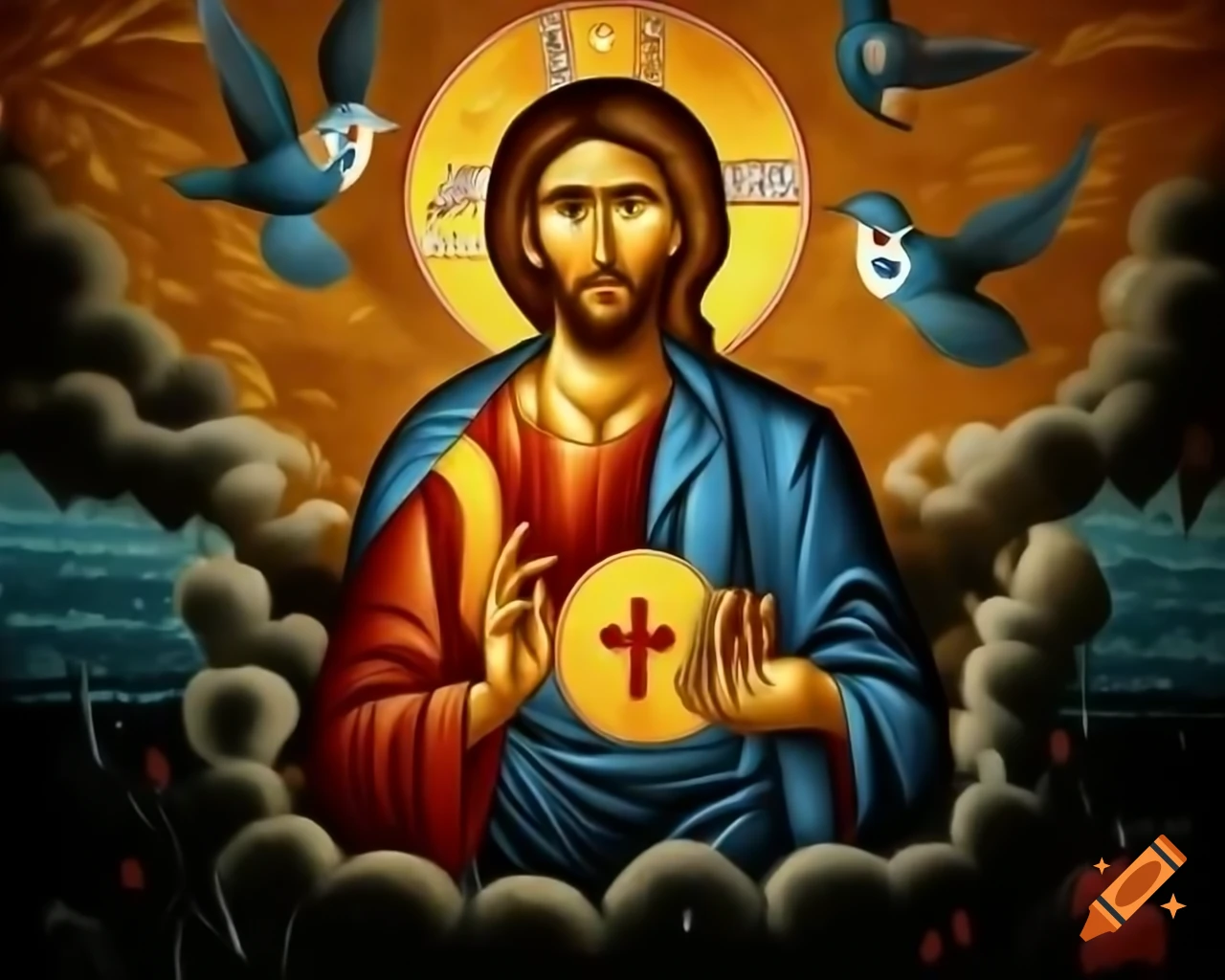 Byzantine icon painting of Jesus with birds and water, mosaic style