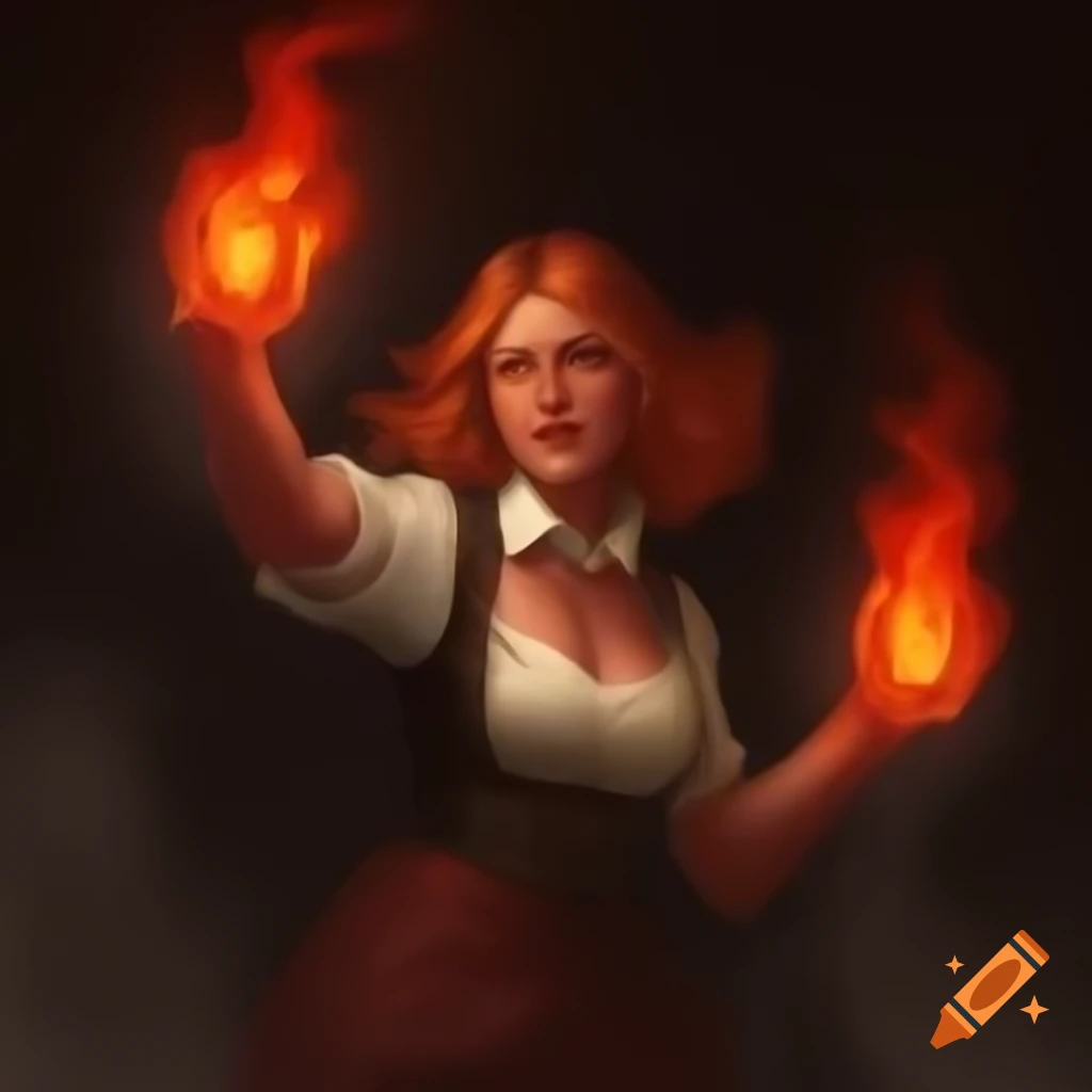 Portrait of 1880s salon owner Linda with fiery red hair and rugged attire