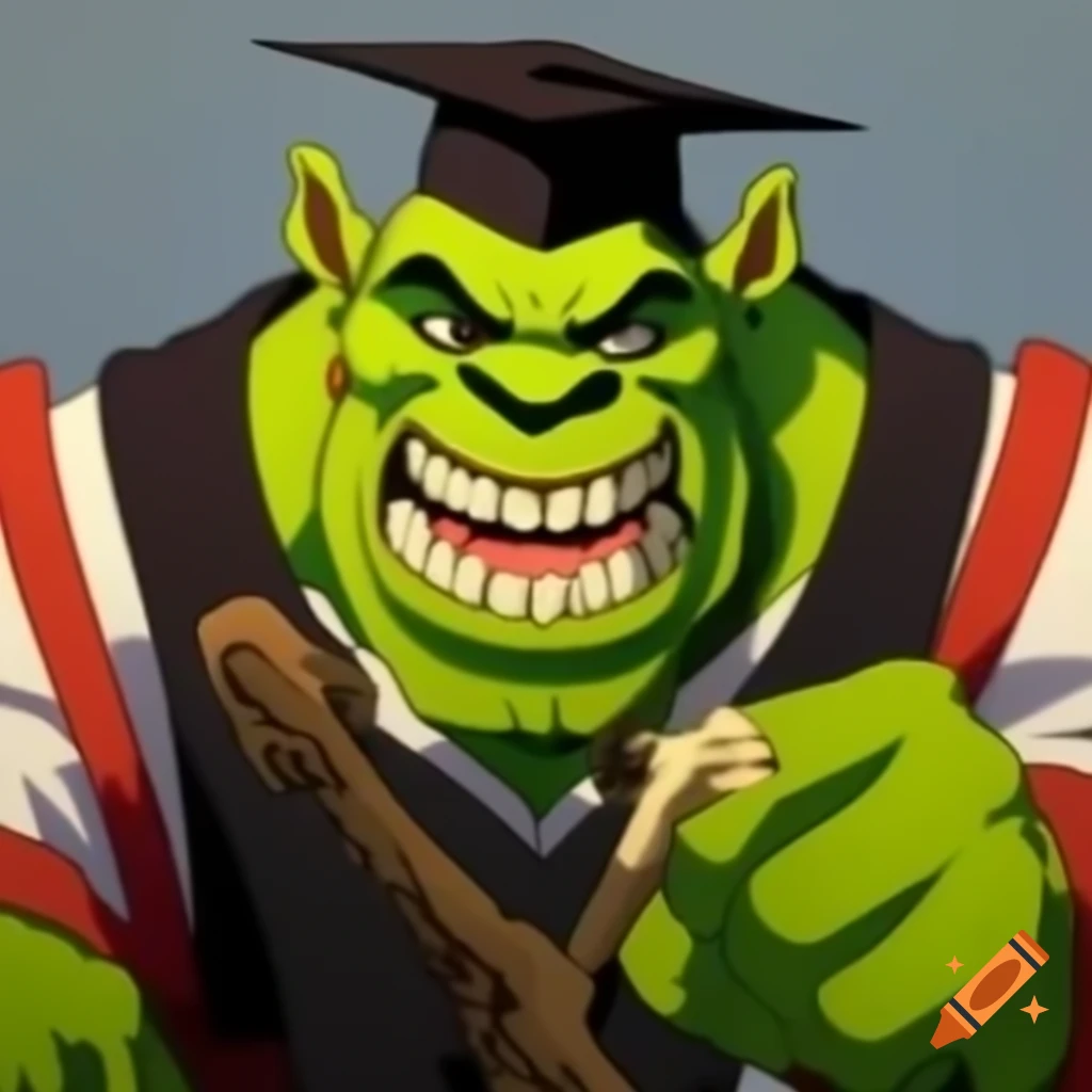 Smirking green orc professor in university mantle and cap holding scrolls, 80-90's anime style