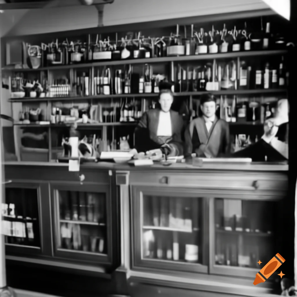 Vintage photo of liquor store from 1900 with wine shelves and counter