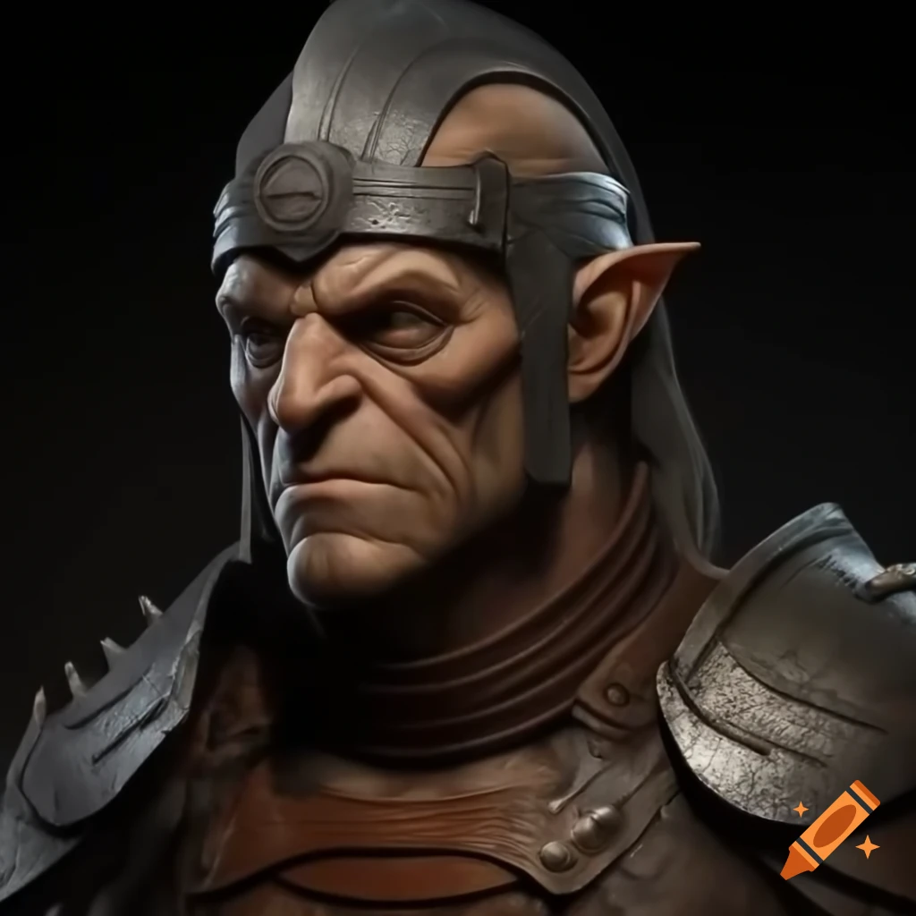 Hobgoblin male warrior in leather armor with metal helmet, realistic features