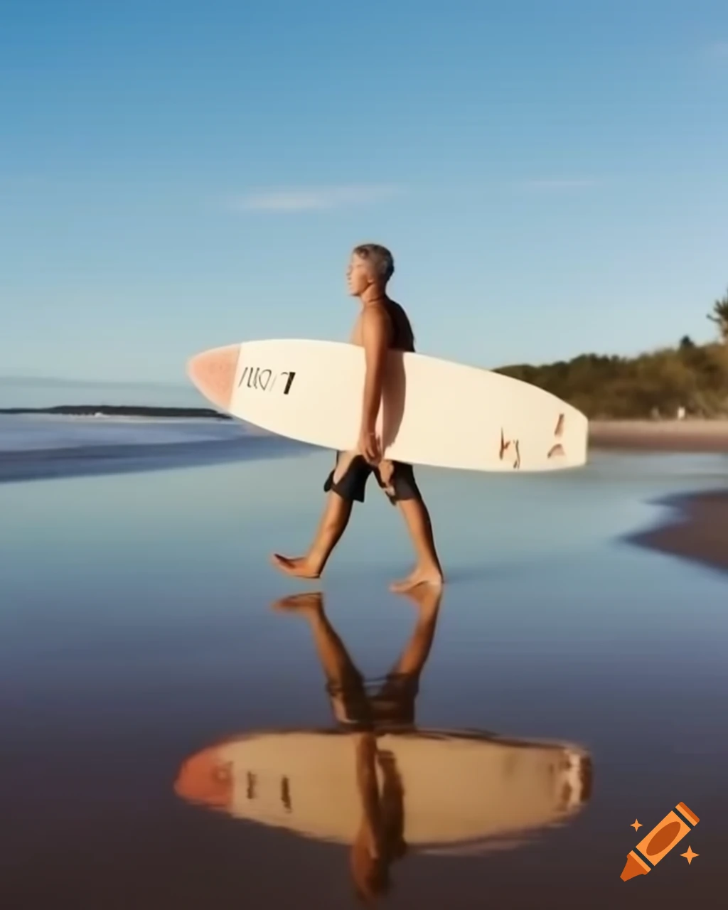 Young man walking with surfboard toward beach, back view